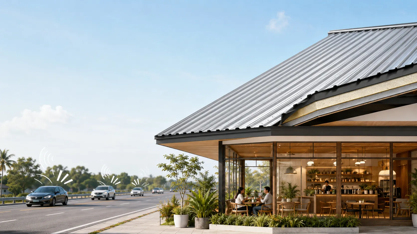 ภาพร้านคาเฟ่ที่ติดตั้งเมทัลชีทพียูโฟม ป้องกัน เสียงดัง จากภายนอก