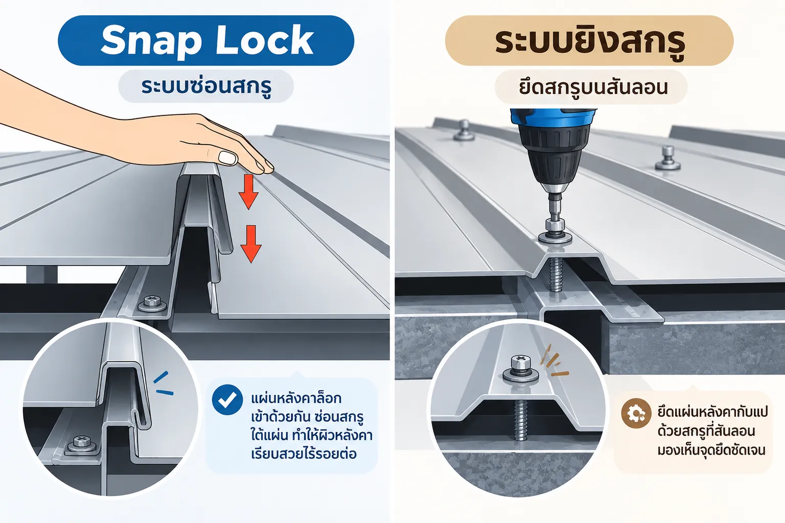 ภาพเปรียบเทียบระบบติดตั้ง snap lock กับ bolt type